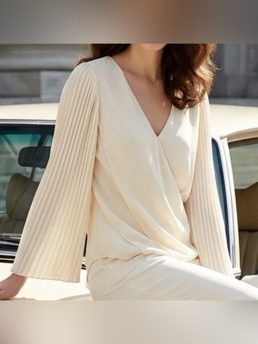 Laurie Felt Cream Pleated-Sleeve Wrap Blouse - Size XL